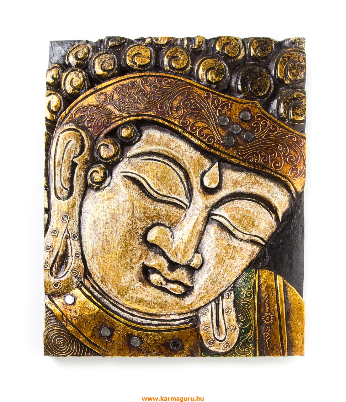 Buddha fejes, arany-bronz színű, fa fali dísz - 30 x 39 cm