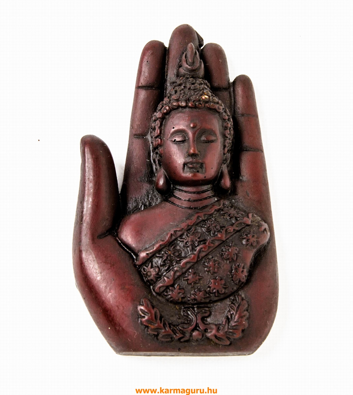 Buddha fej kézben, vörös színű - 9 cm