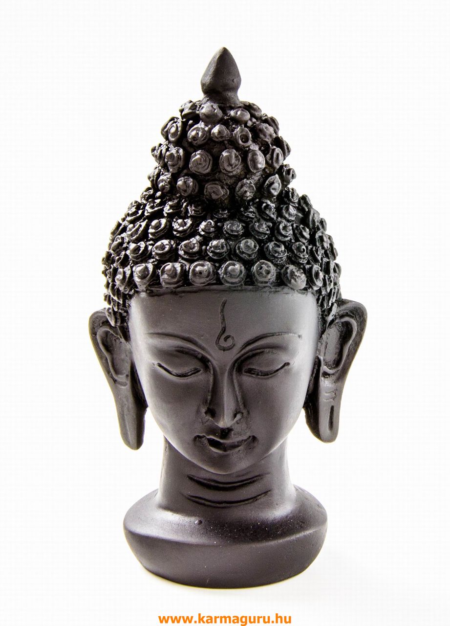 Buddha fej szobor, rezin, fekete - 16 cm