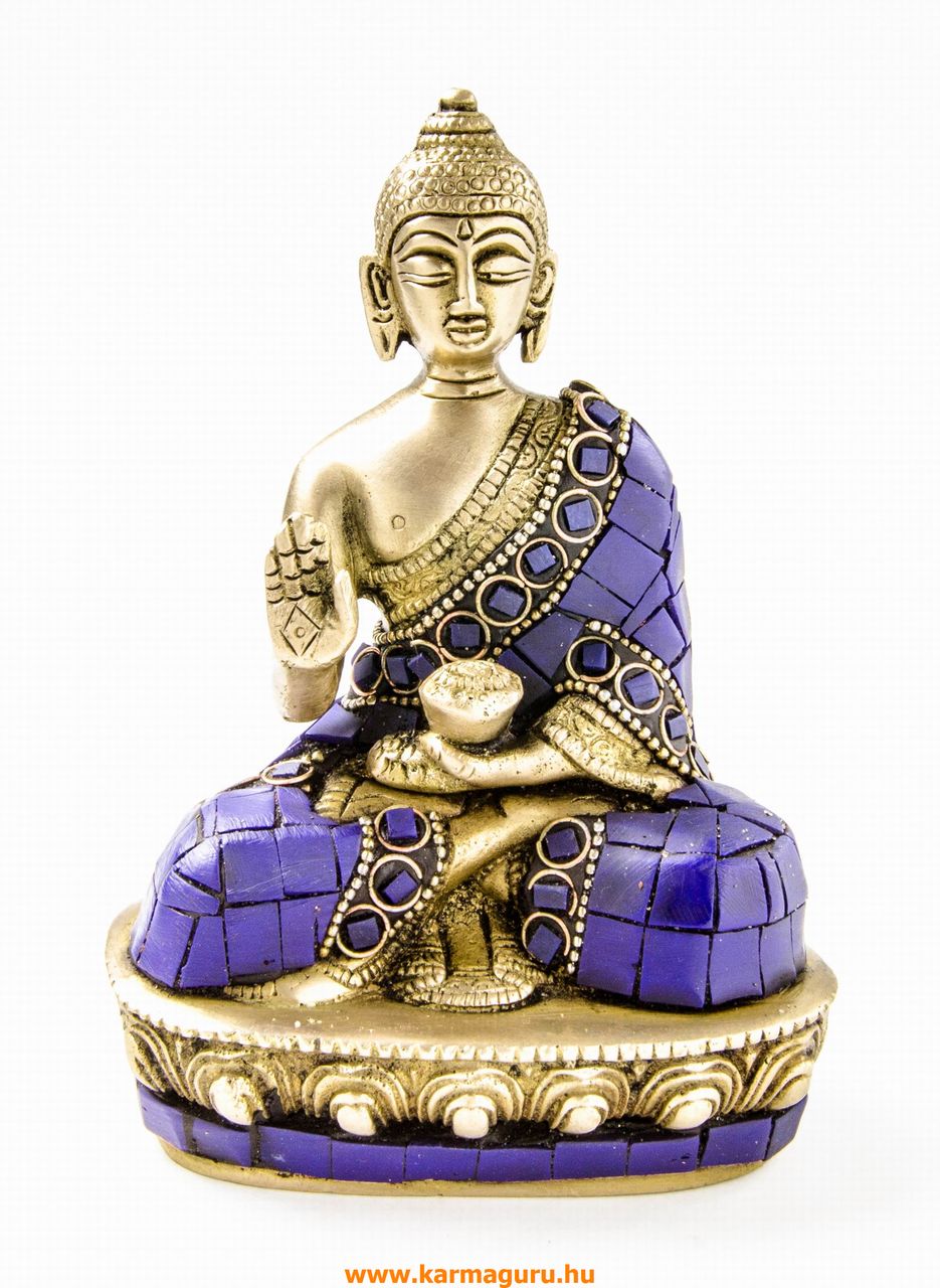 Áldó Buddha réz szobor, kővel berakott - 14 cm