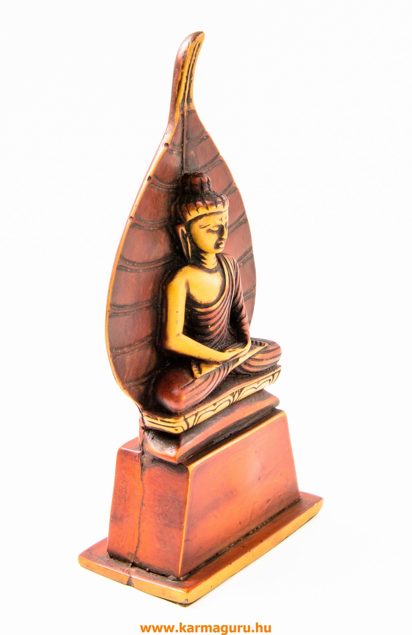 Amitabha Buddha szobor bódhi levélen rezin vörös-csont színű - 18,5 cm