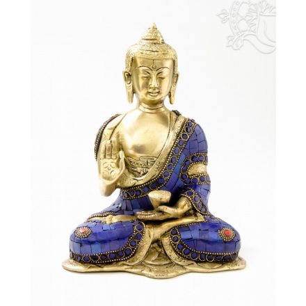 Áldó Buddha réz szobor, kővel berakott - 21cm