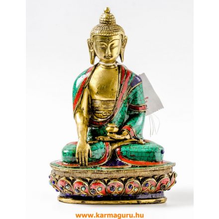 Shakyamuni Buddha szobor réz, kővel berakott, prémium minőség - 21 cm