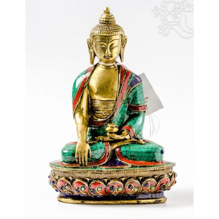 Shakyamuni Buddha szobor réz, kővel berakott, prémium minőség - 21 cm