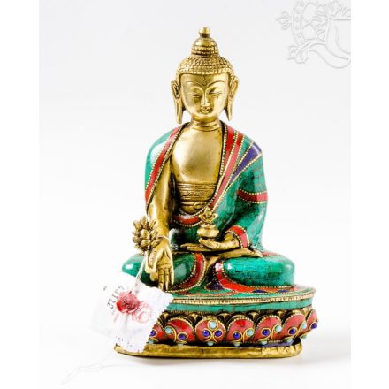 Gyógyító Buddha szobor réz, kővel berakott, prémium minőség - 21 cm