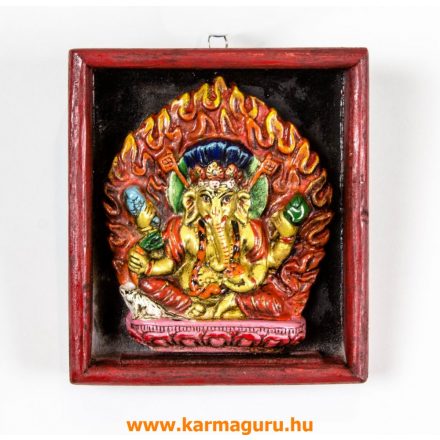 Ganesha színes kerámia szobor, falikép, fa keretben- 13 x 15 cm