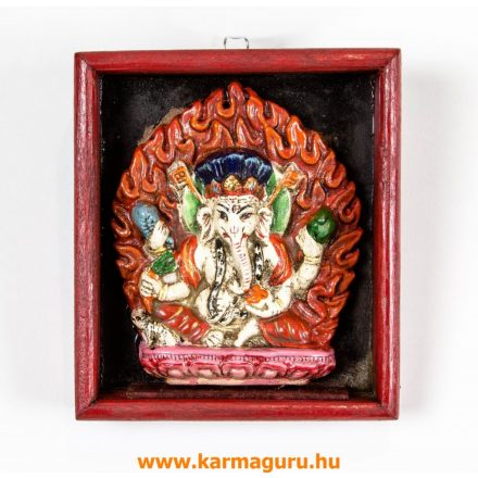 Ganesha színes kerámia szobor, falikép, fa keretben- 13 x 15 cm