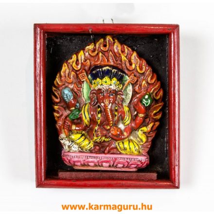 Ganesha színes kerámia szobor, falikép, fa keretben- 13 x 15 cm