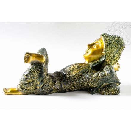 Pihenő Buddha réz szobor, zöld -arany- 38 cm - nagy méretű, különleges