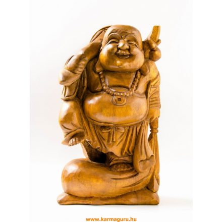 Álló nevető Buddha fa faragott szobor - 42 cm 