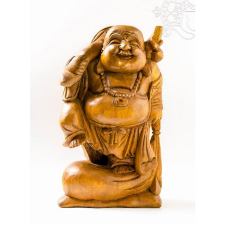 Álló nevető Buddha fa faragott szobor - 42 cm 