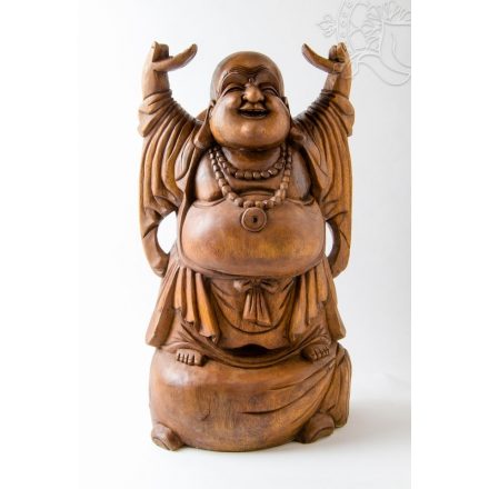 Álló nevető Buddha fa faragott szobor, nagy méretű - 50 cm 