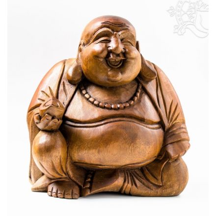 Nevető Buddha fa faragott szobor - 30 cm