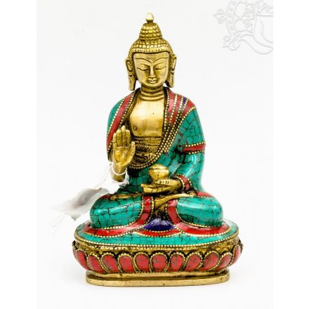 Áldó Buddha szobor réz, kővel berakott, prémium minőség - 16 cm