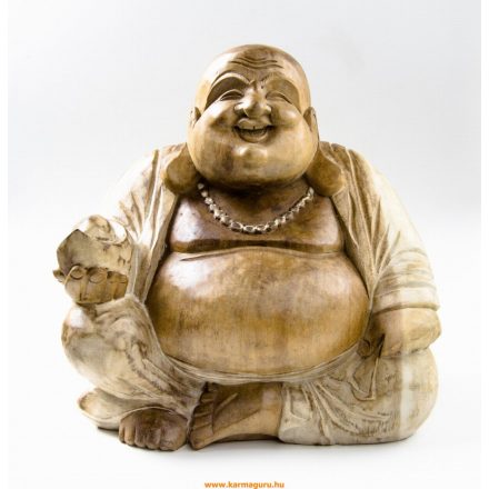 Nevető Buddha fa faragott szobor, antikolt - 30 cm