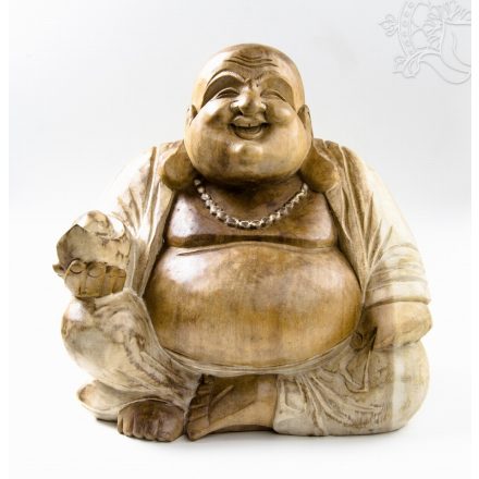 Nevető Buddha fa faragott szobor, antikolt - 30 cm