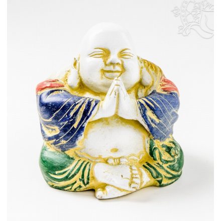 Nevető Buddha réz szobor, fehér-arany és színes - 11 cm 