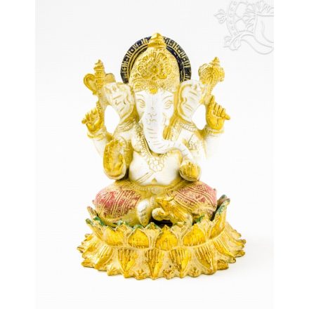 Ganesha lótuszon réz szobor, fehér-arany és színes - 15 cm