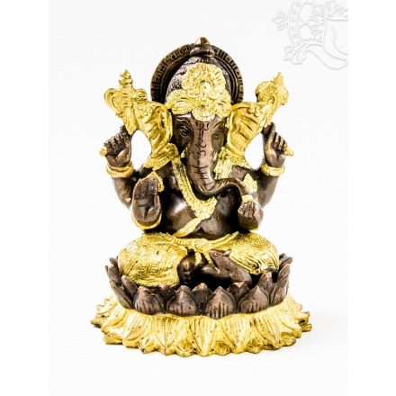 Ganesha lótuszon réz szobor, arany-bronz - 15 cm