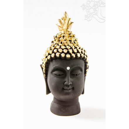 Buddha fej szobor, rezin, fekete-arany - 13 cm