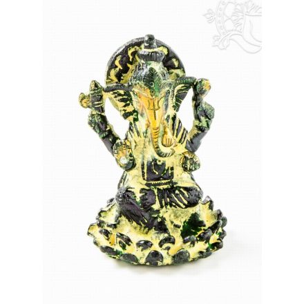 Ganesha lótuszon réz szobor, arany és sötétzöld - 6 cm