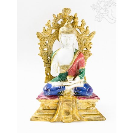 Áldó Buddha réz szobor trónon, fehér-arany és színes - 30 cm