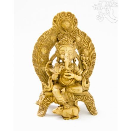 Ganesha trónon, csont színű rezin szobor - 16 cm