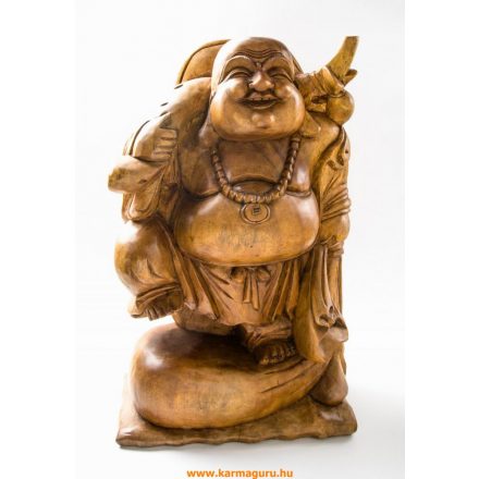 Álló nevető Buddha fa faragott szobor, nagy méretű - 50 cm 