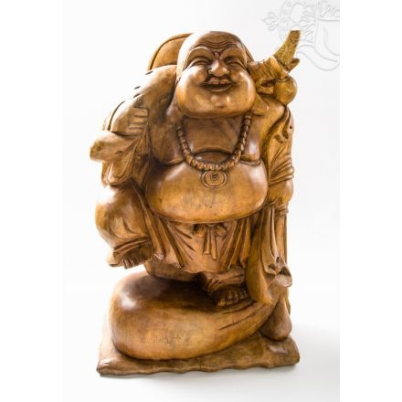 Álló nevető Buddha fa faragott szobor, nagy méretű - 50 cm 