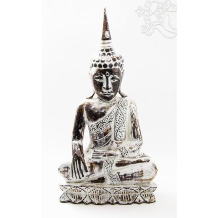 Shakyamuni Buddha fa faragott szobor, mosott fehér színű - 60 cm