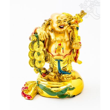 Nevető Buddha szerencsepénzzel rezin szobor, arany színű - 17 cm