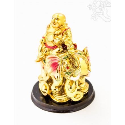 Nevető Buddha elefánton rezin szobor, arany színű - 11 cm