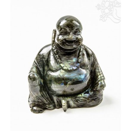 Nevető Buddha labradorit kristály szobor - 11,5 cm