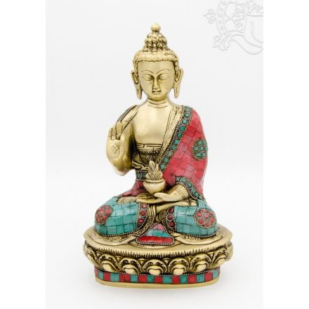 Áldó Buddha réz szobor, kővel berakott - 26cm