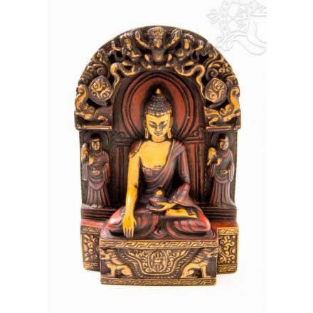 Shakyamuni Buddha szobor trónon rezin vörös-csont színű - 20 cm