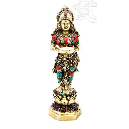 Álló Laxmi (Lakshmi) réz szobor, kővel berakott - 33 cm