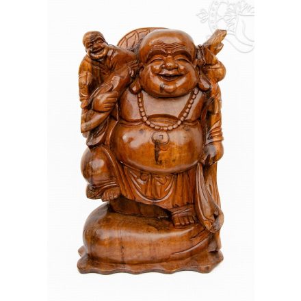 Álló nevető Buddha fa faragott szobor, nagy méretű - 50 cm 