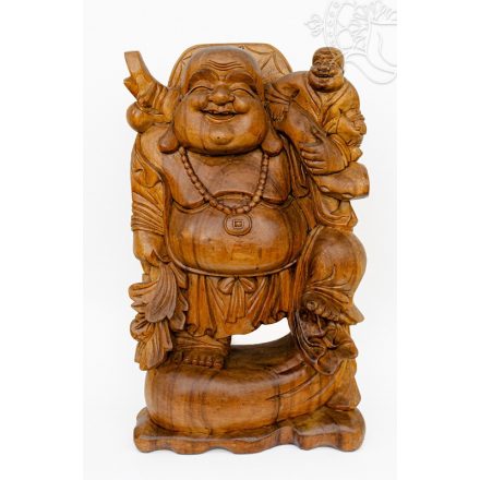 Álló nevető Buddha fa faragott szobor, nagy méretű - 60 cm 