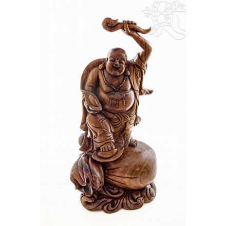 Álló nevető Buddha fa faragott szobor, különleges - 50 cm 