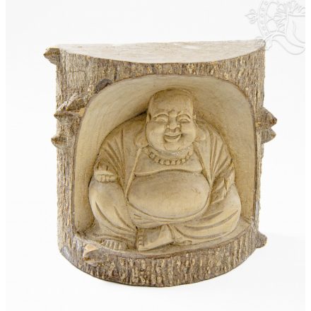 Nevető Buddha fa faragott szobor különlegesség - 17 cm