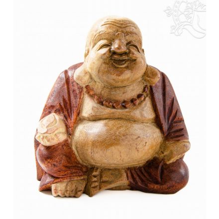 Nevető Buddha fa faragott szobor, 2 színű - 17 cm