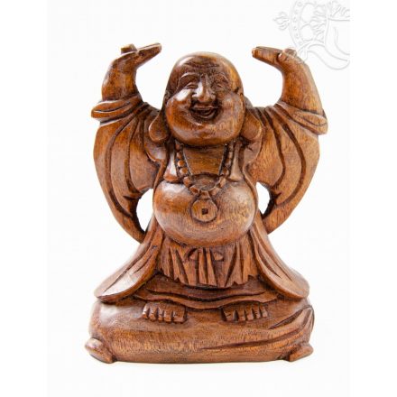 Nevető Buddha fa faragott szobor, emelt kézzel - 20 cm