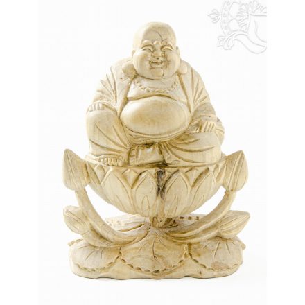 Nevető Buddha fa faragott szobor lótusz virágon - 23 cm 