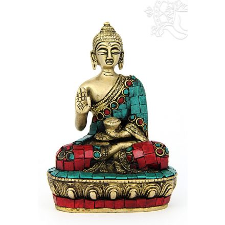 Áldó Buddha szobor réz, matt sárga, kővel berakott - 13,5 cm