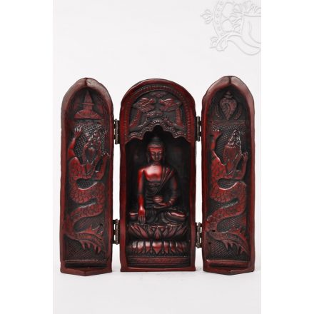 Buddha nyitható oltár vörös színű rezin szobor - 20 cm