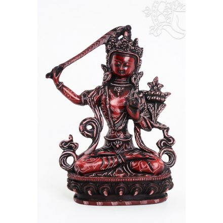 Manjushri kézzel vésett, vörös színű rezin szobor