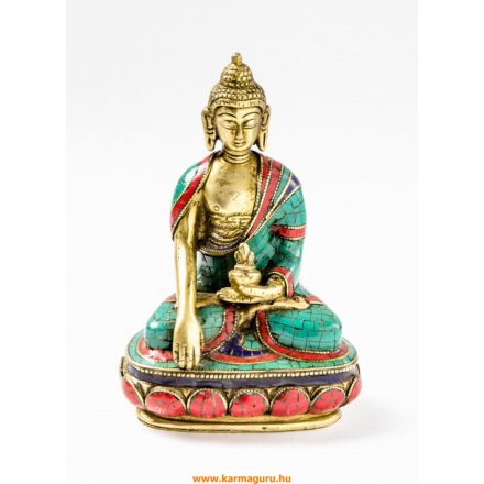 Shakyamuni Buddha szobor réz, kővel berakott, prémium minőség - 14 cm