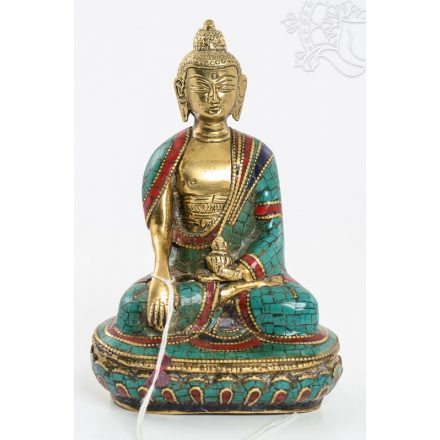 Shakyamuni Buddha szobor réz, kővel berakott, prémium minőség - 14 cm