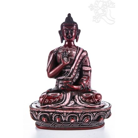 Áldó Buddha, kézzel vésett, vörös színű rezin szobor- 18 cm