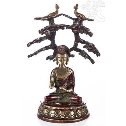 Áldó Buddha bódhi fa alatt réz szobor, arany-vörös - 18 cm 